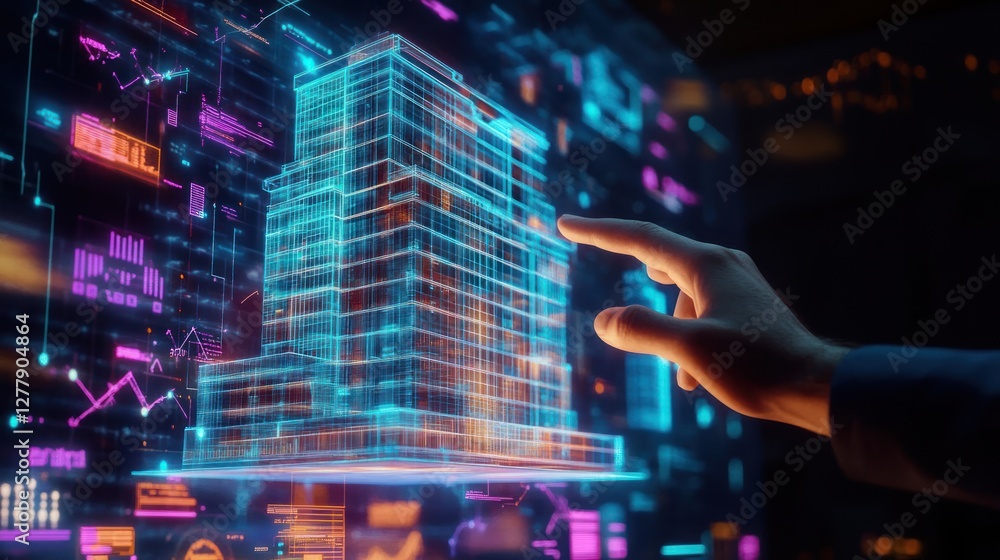 Aufkleber hand interacts with holographic building model and data visualization