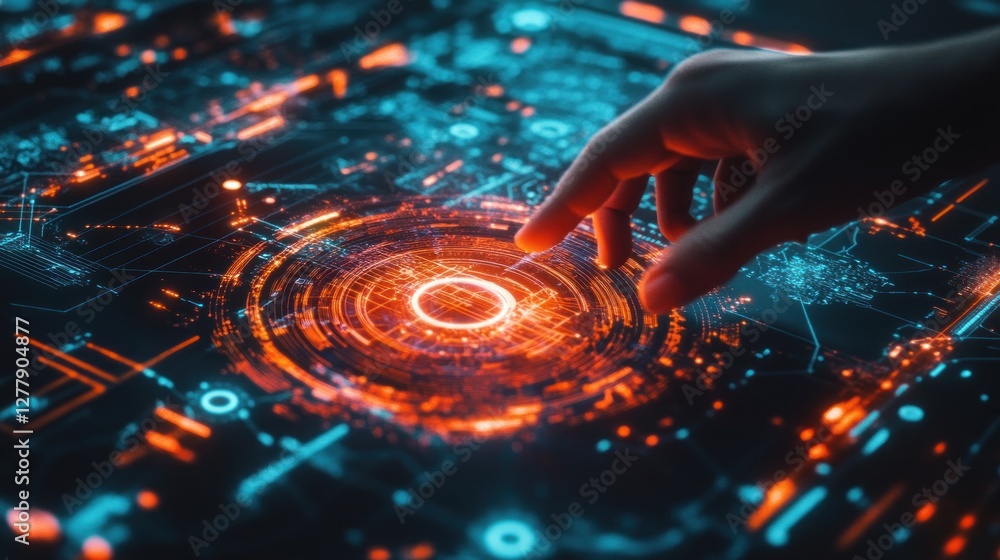 Aufkleber finger interacts with digital technology interface with glowing elements