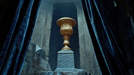 Golden chalice sits atop a stone plinth in a tomb