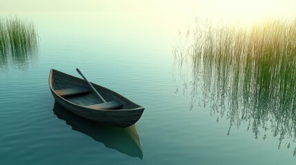 Obraz premium A wooden rowboat rests peacefully on a glassy lake surface