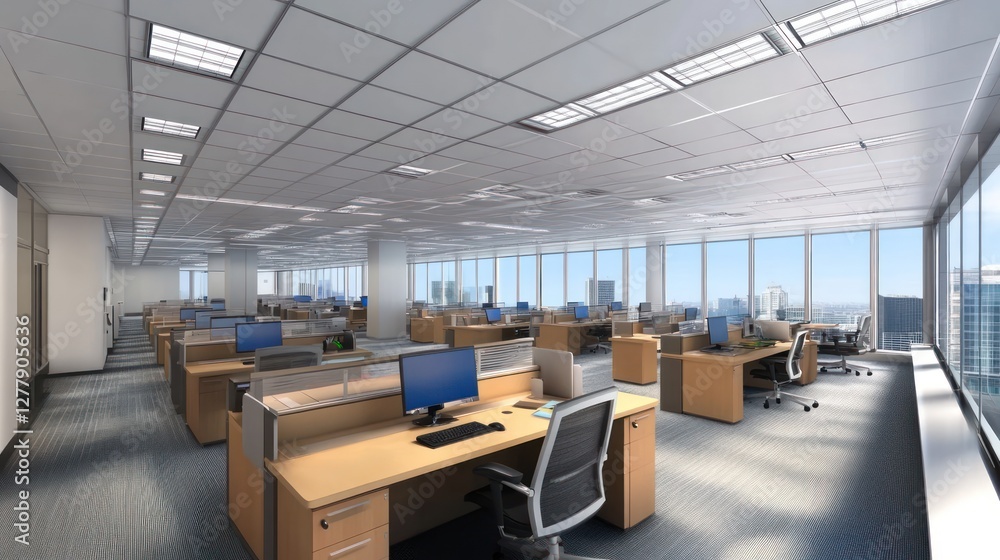 Poster large open concept office space with multiple workstations visible