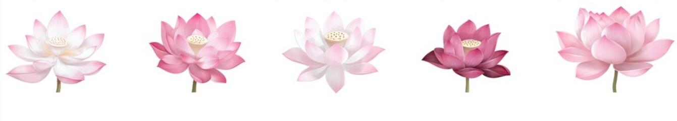 Fototapeta premium Pink lotus flower variations, white background, design element