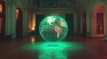 A luminous wireframe globe hovers in an opulent palace room