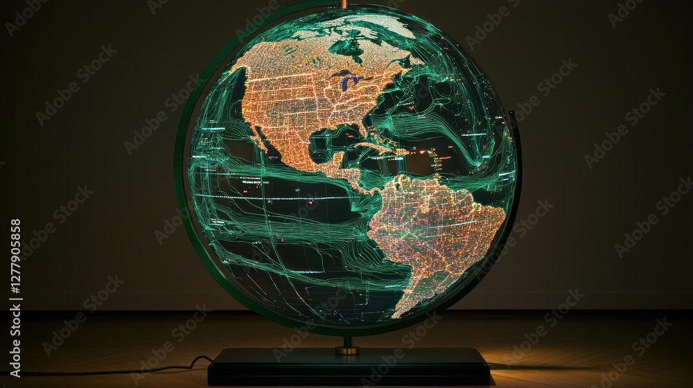 Poster illuminated globe displaying continents and simulated data connections