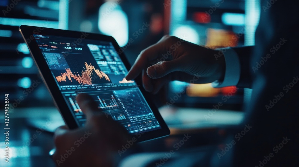 Aufkleber man analyzes stock market data using a touch screen tablet