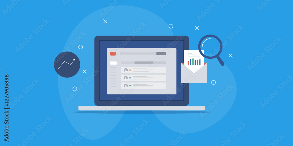 Poster email marketing campaign analytics, inbox message on dashboard, open letter displays view and respon