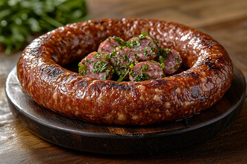Minsk Sausage tender and aromatic with delicate spices warm brownish-red casing with a smooth