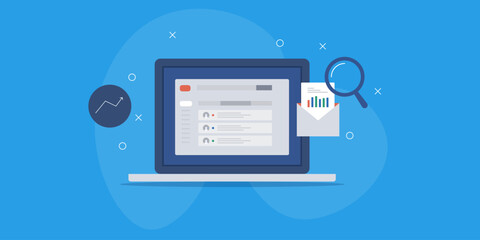 Email marketing campaign analytics, inbox message on dashboard, open letter displays view and response analytics, click rate monitoring with magnifier.