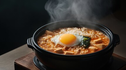 A steaming bowl of Sundubu Jjigae, a soft tofu stew with seafood and vegetables, topped with a raw egg, served with a side of white rice.
