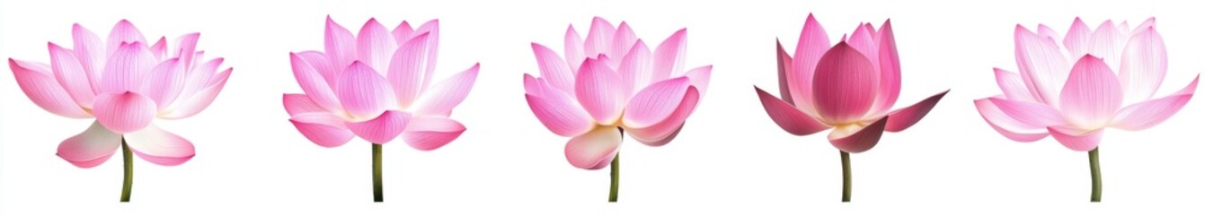Fototapeta premium Pink lotus flower stages, white background, growth sequence, design element
