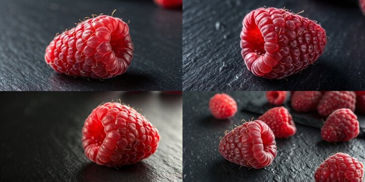 Four close up shots of a red raspberry. The first shot shows the raspberry on a black surface, while the other three shots show the raspberry on a black surface with a black background