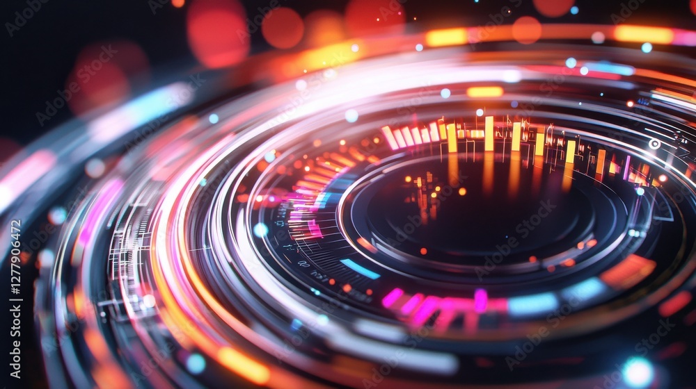 Poster mesmerizing swirling vortex of luminous digital lights and patterns in futuristic sci fi tunnel port