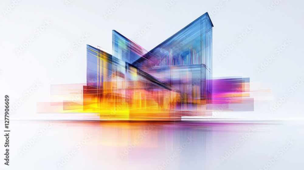 Poster futuristic abstract architecture cityscape with vibrant overlapping glass structures and reflections