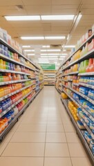Abstract supermarket empty aisle. Shelves with variety of colourful products in grocery store
