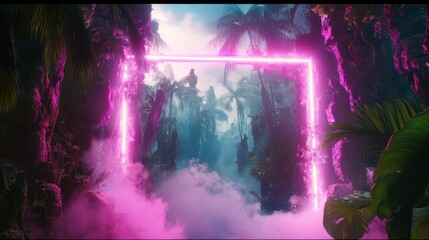 Obraz premium Neon portal glows amidst a misty tropical jungle landscape