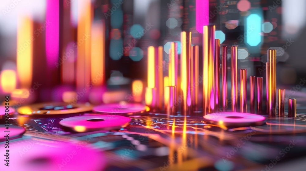Poster glowing neon geometric patterns visualizing dynamic financial data and market trends
