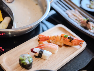 River prawn sushi with shrimp-eggs on the top delicious Sushi in buffet restaurant