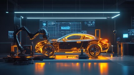 Robotic arm inspecting a futuristic car in a workshop