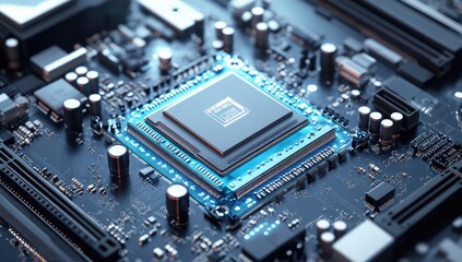 CPU on Motherboard; Detailed Circuitry; Close-up View; Technology