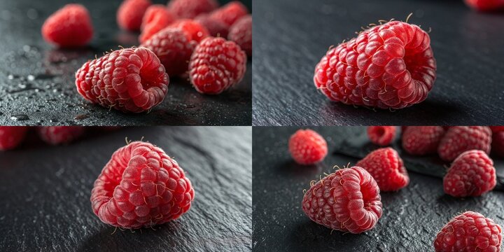Four images of red raspberries on a black surface. The raspberries are arranged in different positions and sizes, creating a sense of depth and dimension. Scene is vibrant and fresh - Powered by Adobe