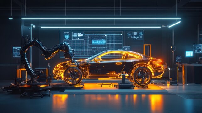 Robotic arm inspecting a futuristic car in a workshop