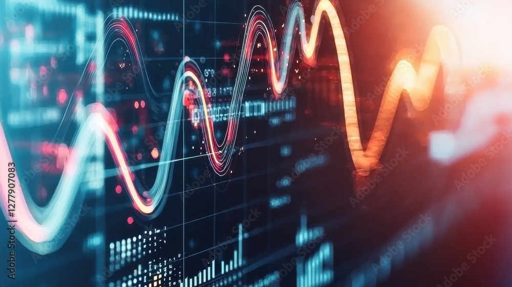 Poster abstract futuristic digital data and financial analytics visualization on glowing display technology