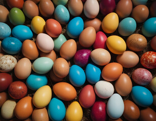Colored eggs. Background, poster, banner for the Easter holiday. Easter eggs top view.