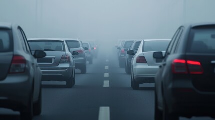 Cars traveling in foggy weather, creating an atmospheric scene of uncertainty and motion on the road.