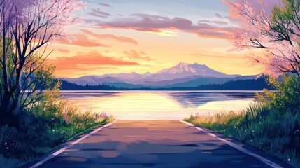 Serene landscape features lake mountains road and cherry blossoms
