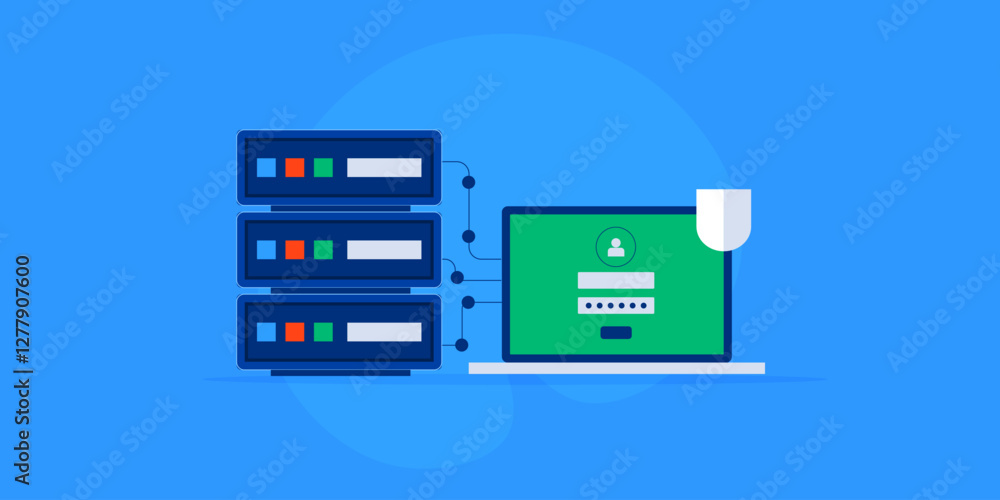 Poster secure server login from laptop screen with shield. password protection storage, internet privacy te