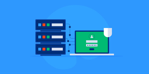 Secure server login from laptop screen with shield. Password protection storage, internet privacy technology concept.