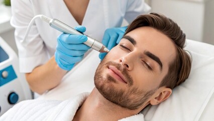 A man relaxing during a facial procedure, with a serene expression and a calm.