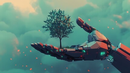 Fototapeta premium Robotic Hand Gently Holding a Sapling in a Dreamlike Setting