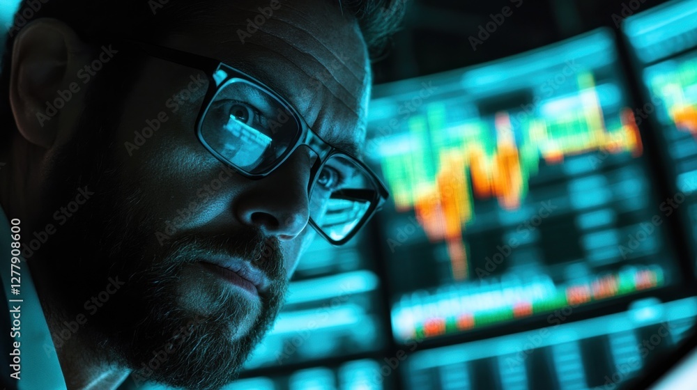 Poster man wearing glasses analyzing data charts on multiple monitors