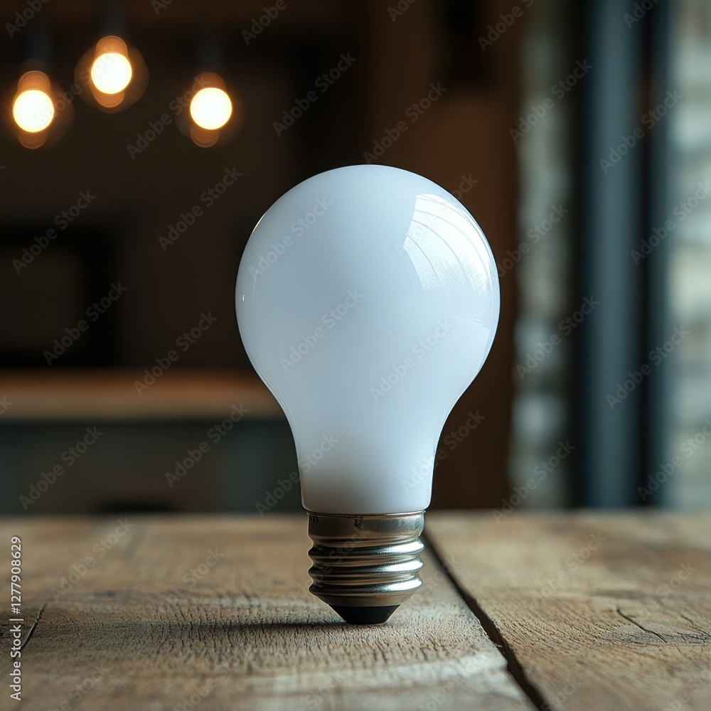Poster illuminated frosted lightbulb resting on rustic wooden table casting soft glow in dark background