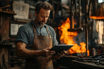 Blacksmith Uses Tablet In His Workshop