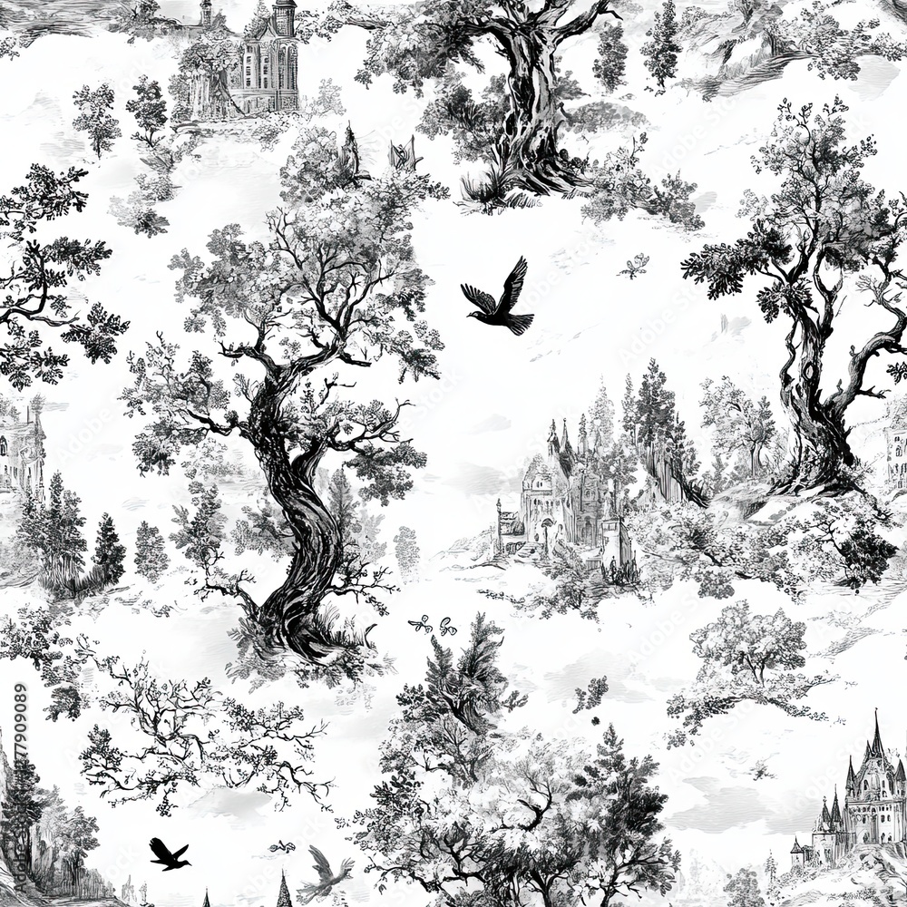 Poster enchanted storybook illustrations seamless pattern toile design for fabric paper and digital project