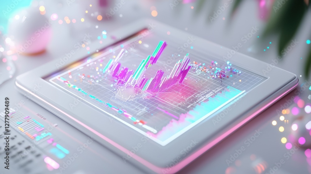 Poster futuristic digital data visualization with vibrant glowing graphs and charts