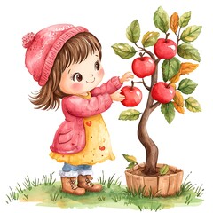 Adorable Little Girl Picking Apples from a Miniature Tree.