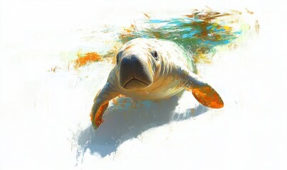 A serene underwater scene featuring a manatee swimming gracefully in clear water, surrounded by vibrant aquatic plants