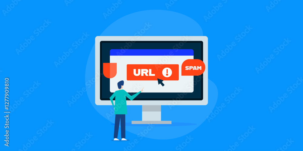 Poster website spam, user clicking on spam url warning, shield to protect virus web page, cyber security an
