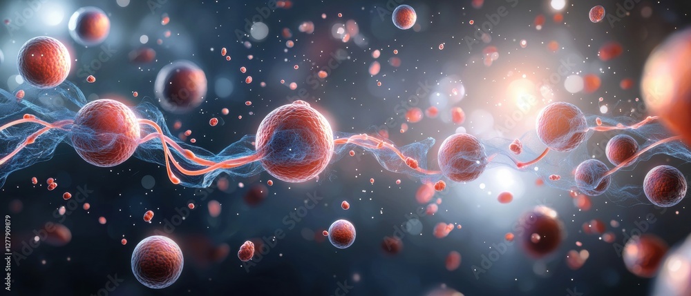 Poster high detail digital rendering of cytoplasm with cells and particles in vibrant colors
