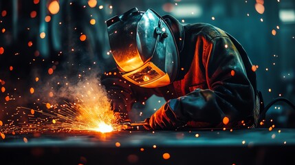 Dramatic close-up of a welder at work, fiery sparks illuminating the scene. High-contrast, gritty, and atmospheric industrial photography.