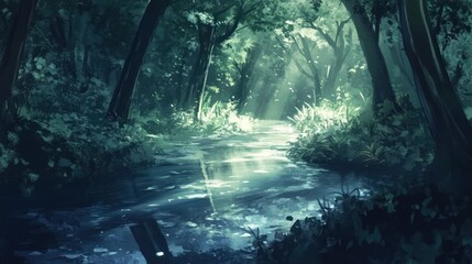 Fototapeta premium Sunlight shines through the dense canopy over a forest stream