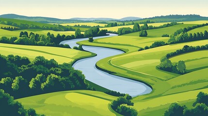 Fototapeta premium Serpentine River Winding Through Verdant Rolling Hills