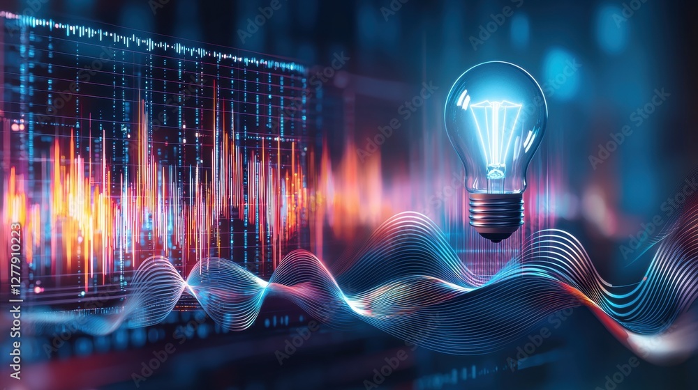 Poster futuristic flat design of illuminated light bulb with abstract sound waves and graphs