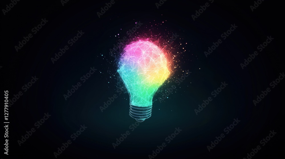 Poster dynamic and colorful sketchy depiction of a glowing light bulb in vibrant style