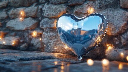 Fototapeta premium Reflective Heart Balloon with Fairy Lights Against Stone Wall