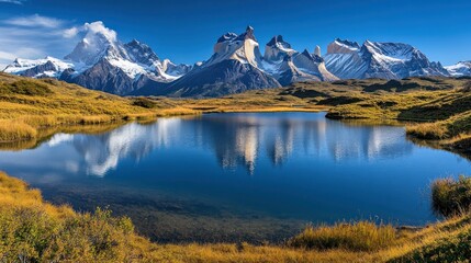 Tranquil lake reflects majestic mountains in a picturesque landscape scene