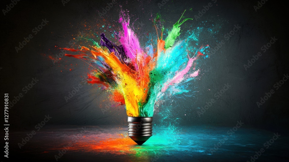 Poster bursting light bulb with vibrant colors splashing in artistic expression and creativity